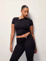 Kylie's Same Style ~ KHY X GraceLing Solid Color Metal Zipper Pleated Short Sleeve Fitted Elastic Base T-Shirt