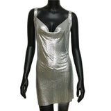 Sexy Metallic Sequin Mini Dress For Women Backless Cocktail Club Glitter Low Cut Halter Dress Rave Party Nightclub Dresses