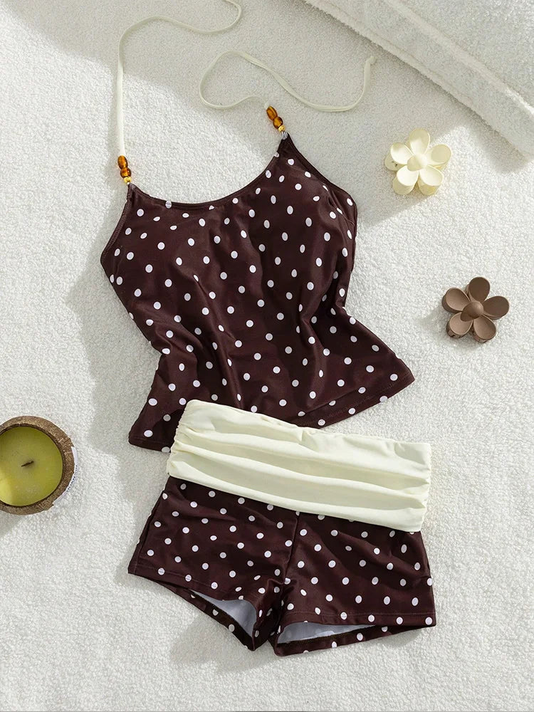 Women 2 Piece Tankini Bikinis Set Swimsuit Beaded Halter Sleeveless Tank Fold Over Waist Swim Shorts Bathing Suit Beach Swimwear