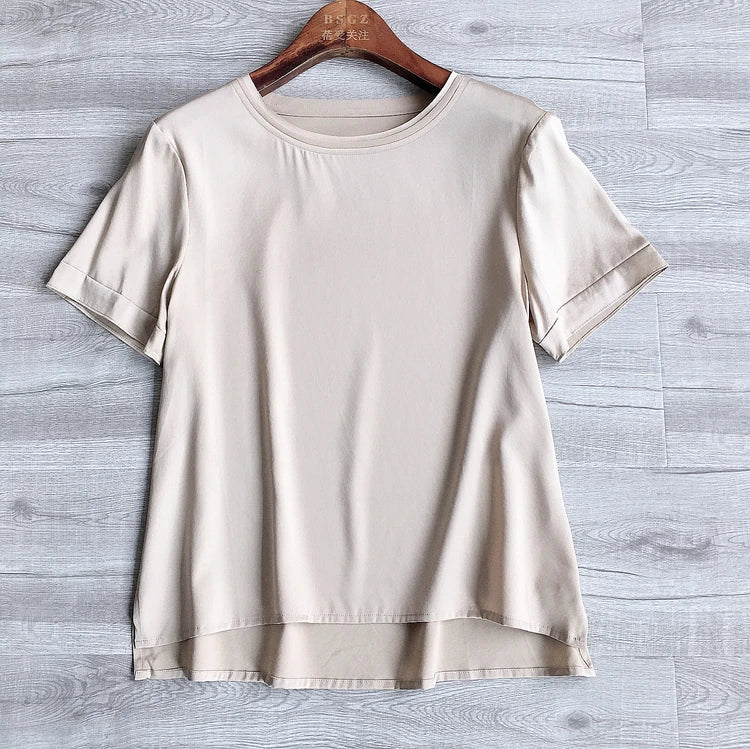 25MM Heavy plain crepe satin silk short-sleeved T-shirt 2021 summer new small loose 4XL solid color mulberry silk top shirt