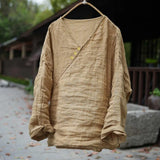 Johnature Women Vintage T-Shirts Striped Tees 2026 Spring New Chinese Style V-Neck Long Sleeve Button Loose Female T-Shirts