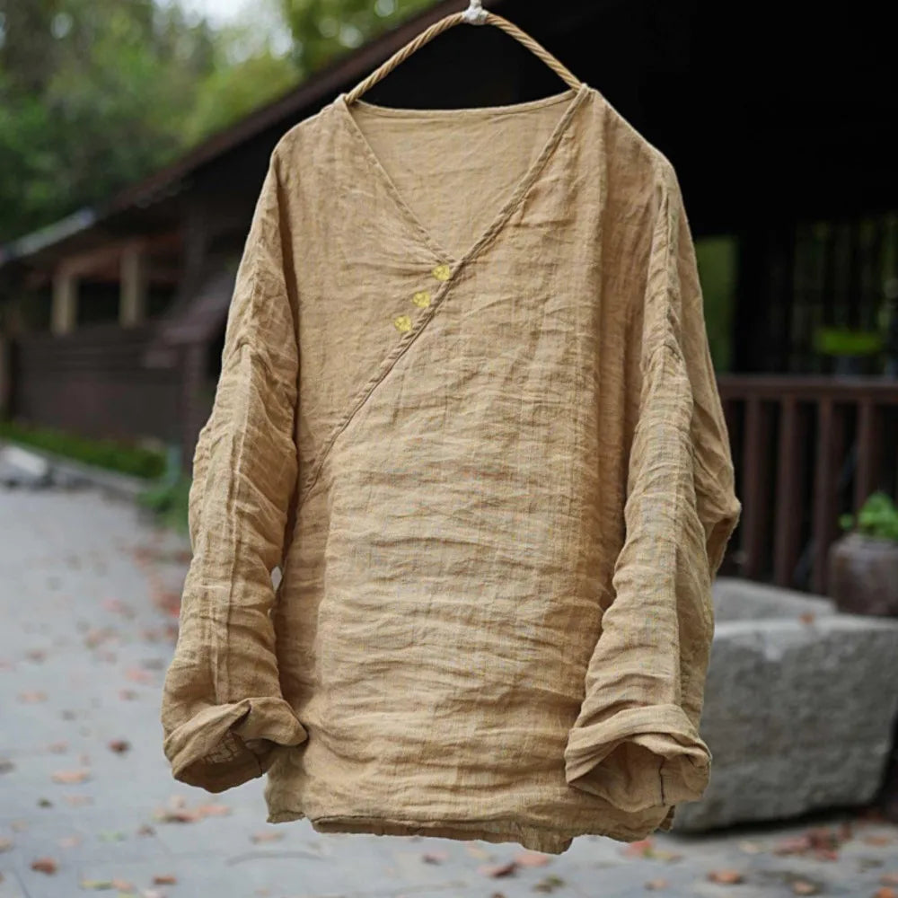 Johnature Women Vintage T-Shirts Striped Tees 2026 Spring New Chinese Style V-Neck Long Sleeve Button Loose Female T-Shirts
