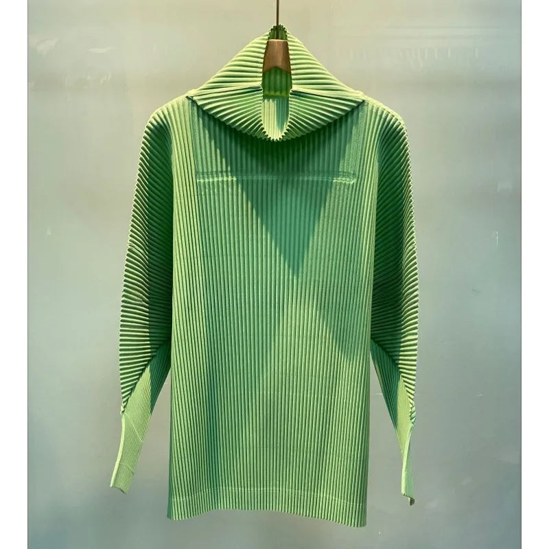 Miyake Casual Stand-up Collar Pullover Sweater Autumn and Winter New Solid Color Loose Pleated Long-sleeved Jacket Women