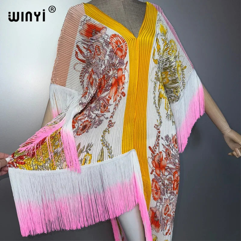 WINYI Women's Boho Maxi Kaftan Dress Africa Style Elegant Pleated Beach Cover-Up Elastic Luxury Party Evening Dubai Abaya
