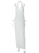 Mozision Mesh Halter Backless Sexy Maxi Dress Women Gown Fashion Elegant V Neck Sleeveless Pleated Club Party Long Dresses