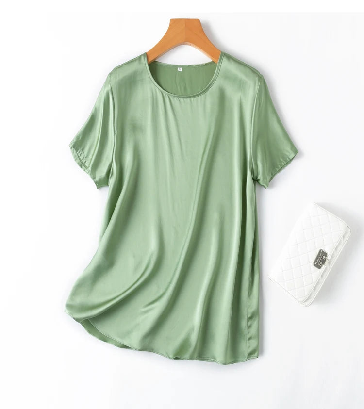 Benefits! Flowing Gem Series Basic Style Versatile Round Neck 100% Mulberry Silk Short Sleeve Silk Satin T-Shirt Top