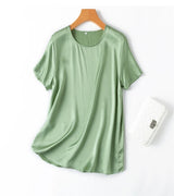 Benefits! Flowing Gem Series Basic Style Versatile Round Neck 100% Mulberry Silk Short Sleeve Silk Satin T-Shirt Top