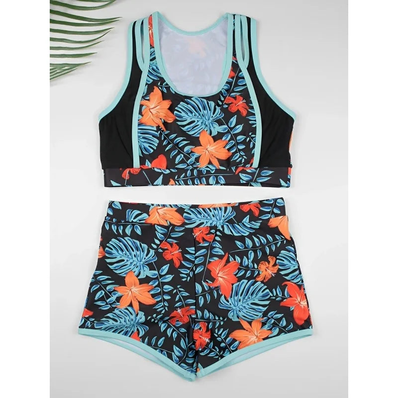 Sporty Bikini Swimsuit Women Fashion Floral Printed Split High Waist Swimwear Summer 2025 New Casual Lady Bathing Suit Beachwear
