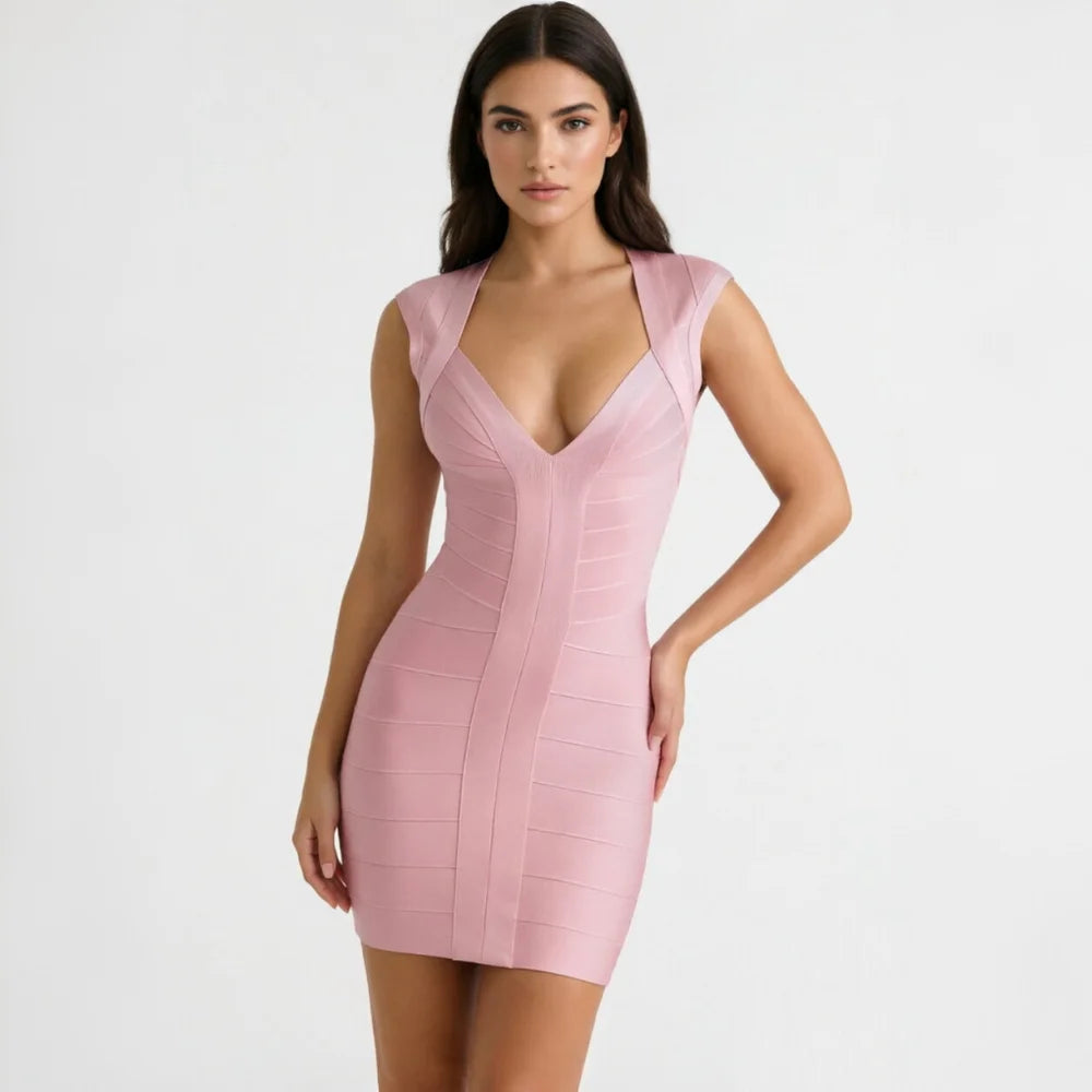 BEAUKEY Luxury Fashiong Trendy Pink Bandage Dress Plunge V Sexy Slim Evening Dresses Birthday Wedding Celebrity Lady Vestidos