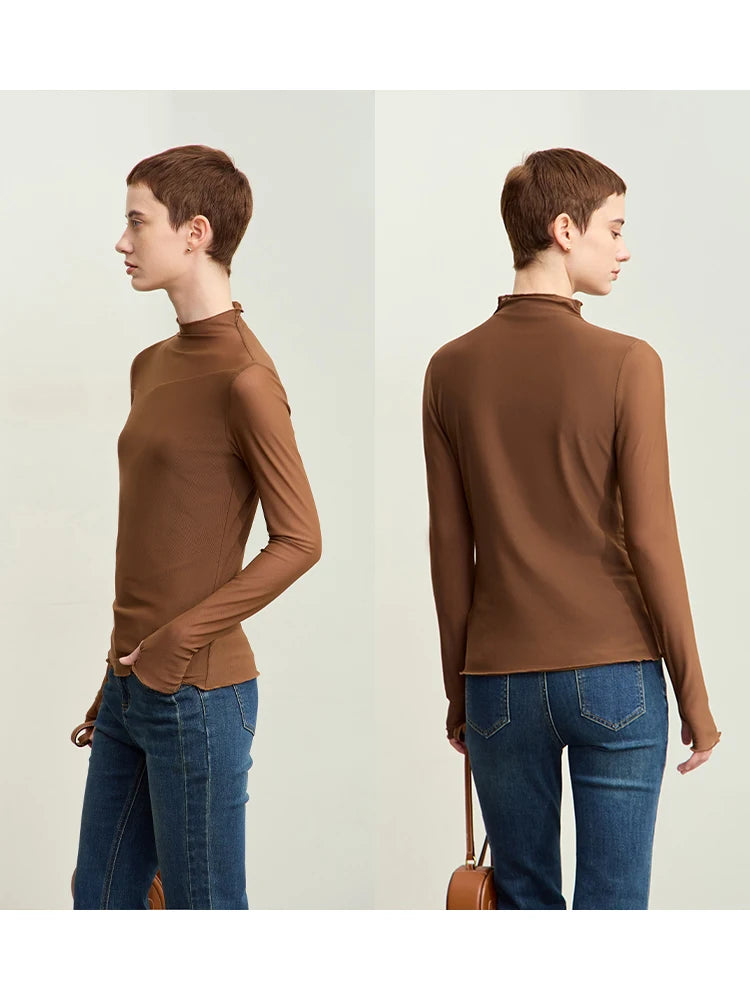 Amii Minimalism Mesh T-shirts For Women 2026 Autumn New Office Lady Half-high Neck Micro Perspective Slim Retro Shirt 12423055