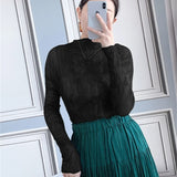 LANMREM Turtleneck Long Sleeve Pleated Women's T-shirt High Elastic Slimming Fashion Semitransparent Pullover Tops 2DB6192