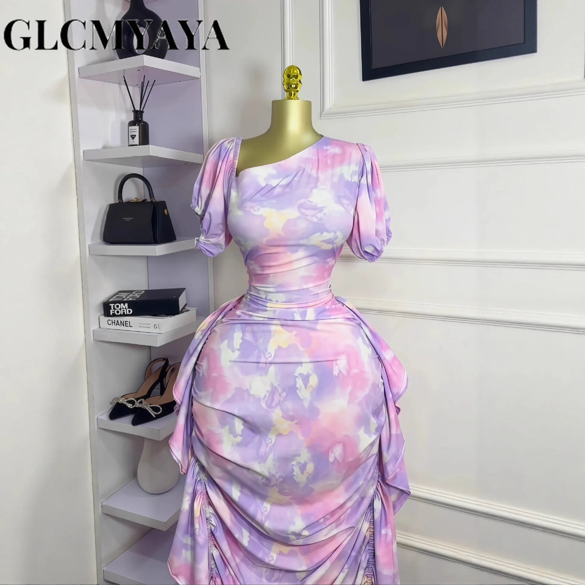 GLCMYAYA Women Tie Dye Printed Skew Neck Ruched Stacked Bodycon Midi Maxi Long Dress 2025 Vacation Holiday Sexy Vestidos Dresses
