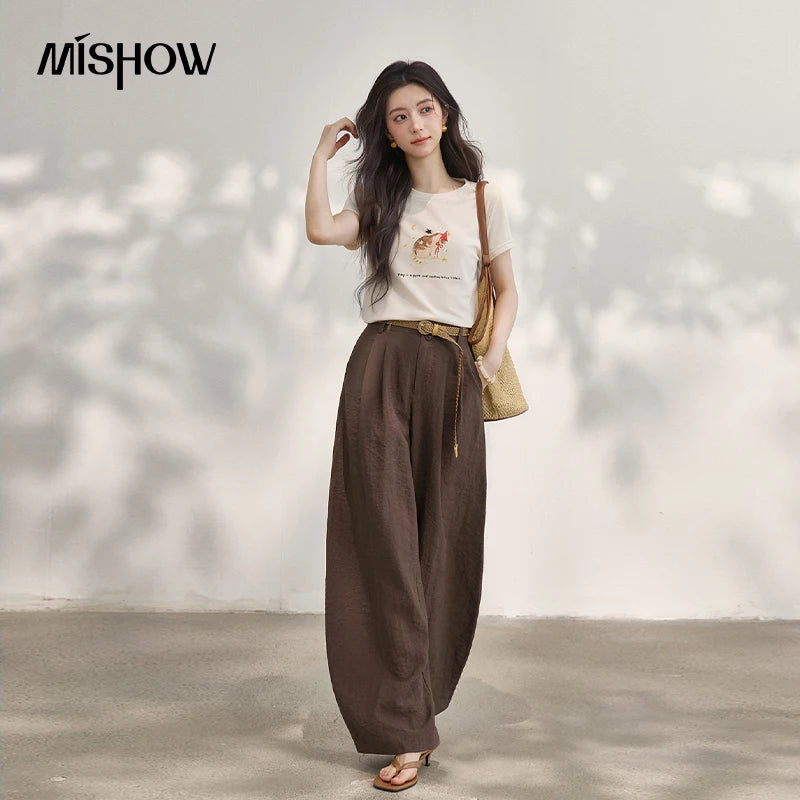 MISHOW Casual Fashion Cat Printed Beading T-Shirt For Women 2026 Summer Cute Design Round Neck Short Sleeve Top MXF24T1615