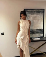 Elegant Solid Sleeveless Midi Dress Fashion Draped High Neck Waist Cinched Dresses 2026 Summer New Lady Evening Party Gowns