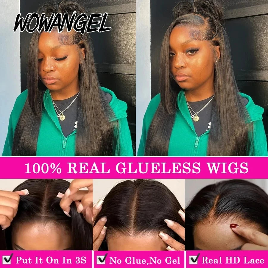 WowAngel 250% Pre Bleached 13x6 HD Lace Front Wigs 34in Glueless Straight Human Hair Wigs Pre Plucked Brazilian Hair For Women
