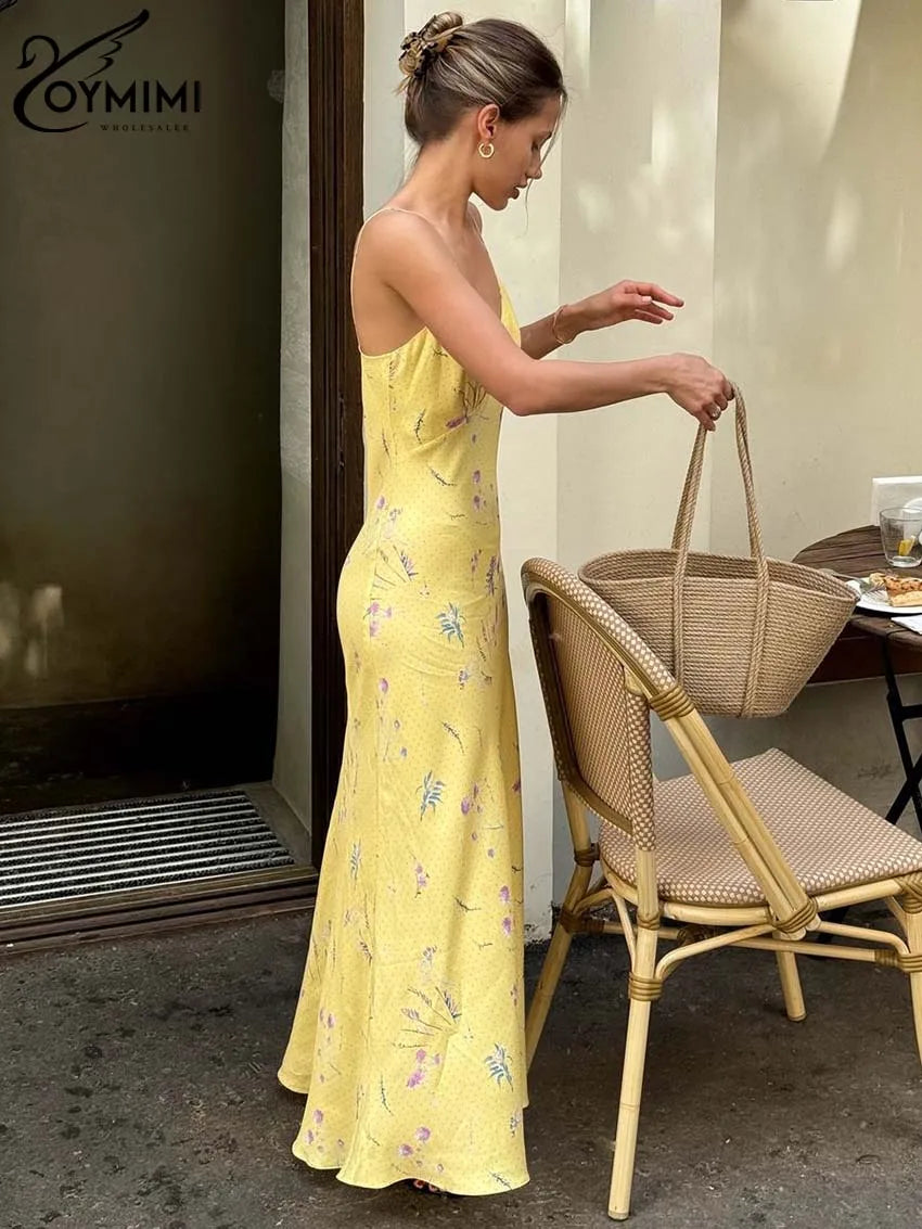 Oymimi Casual Yellow Print Women's Dress Elegant Spaghetti Strap Open Back Dresses Autumn Fashion High Waist Ankle-Length Dress