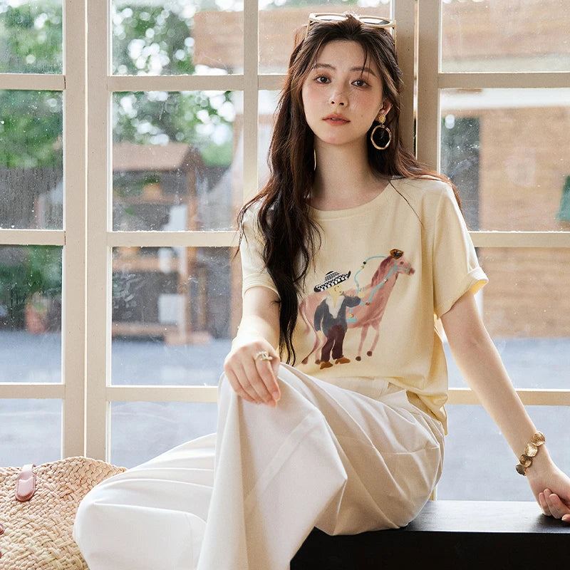 MISHOW Short Sleeved Round Neck Pony Printed T-Shirt For Women Summer 2026 New Daily Versatile Casual Cotton Tee MXF25T1621