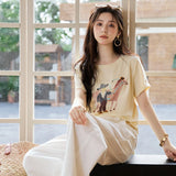 MISHOW Short Sleeved Round Neck Pony Printed T-Shirt For Women Summer 2026 New Daily Versatile Casual Cotton Tee MXF25T1621