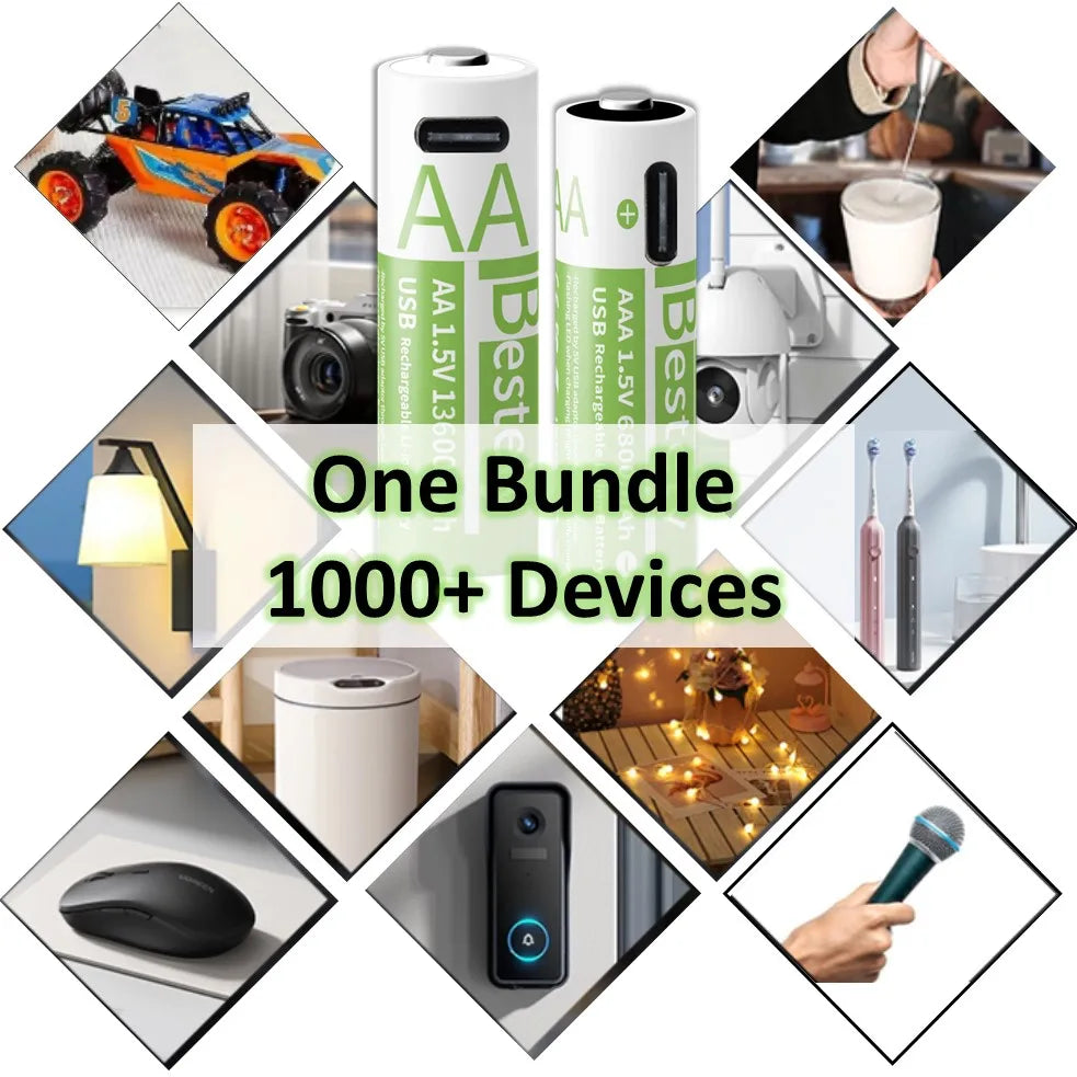 1.5V AA/AAA Li-ion Batteries 13600+6800mAh Ultra-Fast Charge 2000+ Cycles W/ Free USB-C Cable for Toys, Remote Controls, Cameras