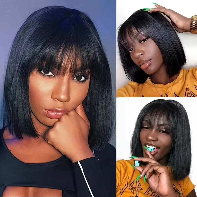 Straight Human Hair Bob Wigs With Bang Full Machine Made Wigs 3x1 Middle