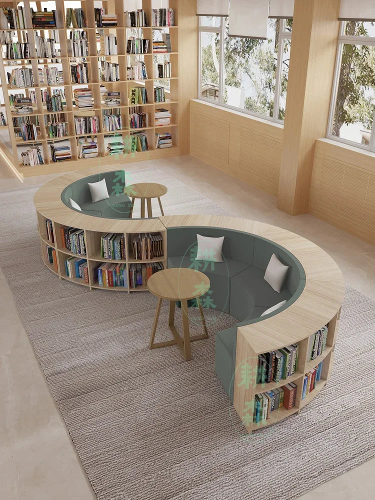 Creative S-shaped library bookcase integrated curved sofa picture book library school storage multi-functional rest area