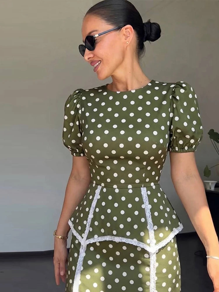 Women Polka Dot Print Puff Sleeve Dress With Waistband Fashion Satin Ruffled Hem Maxi Dresses Lady 2026 Elegant Retro Party Robe