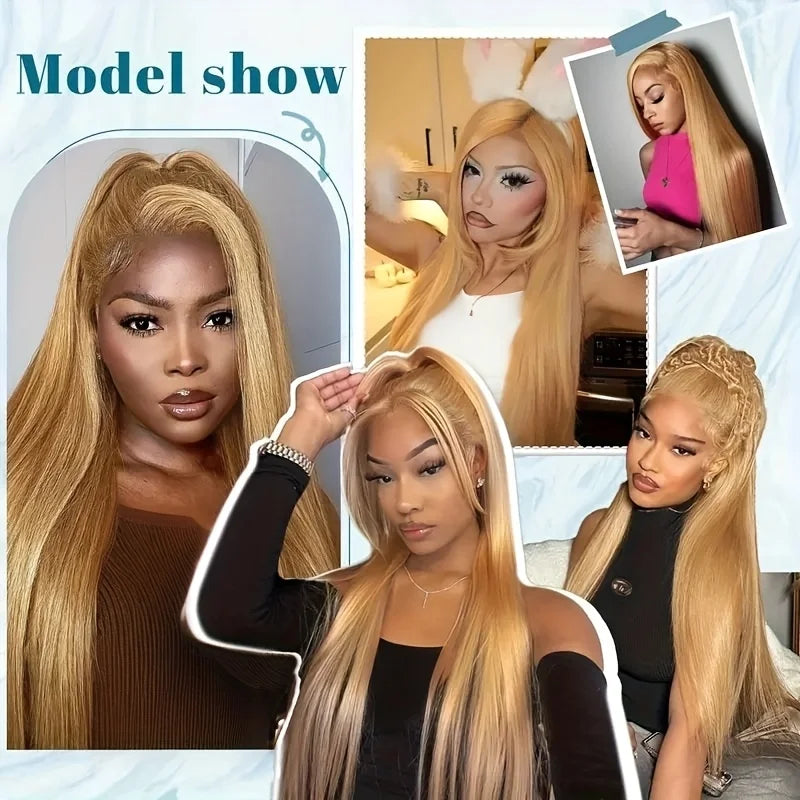 Bone Straight Honey Blonde Human Hair Wigs #27 13x6 HD Transparent Lace Front Wigs For Women Pre Plucked 200% Density 30 Inch