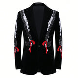 Men Black Velvet Blazer White Floral Embroidery Peak Lapel Red Tassel Slim Fit Jacket Wedding Groom Tuxedo For Party Prom