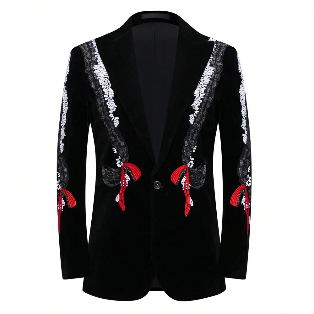 Men Black Velvet Blazer White Floral Embroidery Peak Lapel Red Tassel Slim Fit Jacket Wedding Groom Tuxedo For Party Prom