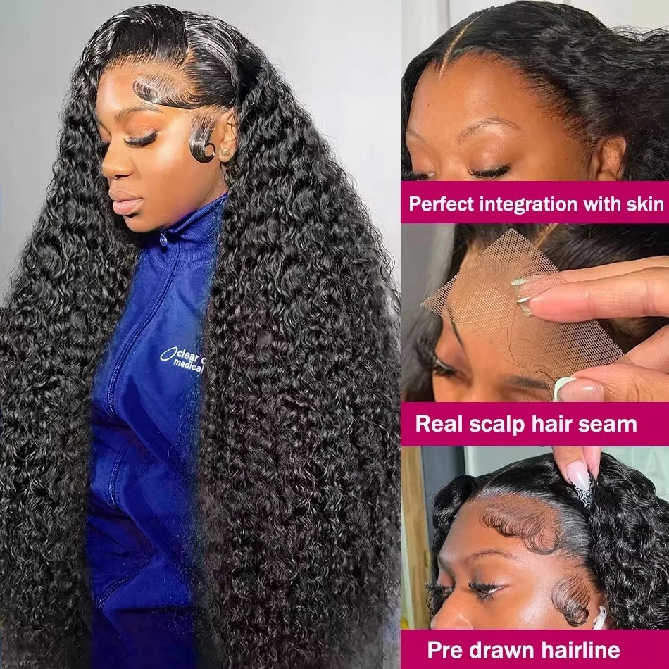 Luvin 40 Inch Deep Wave 13x6 HD Transparent Lace Frontal Human Hair Wigs 220 Density Remy 13x4 Water Curly Front Wig For Women
