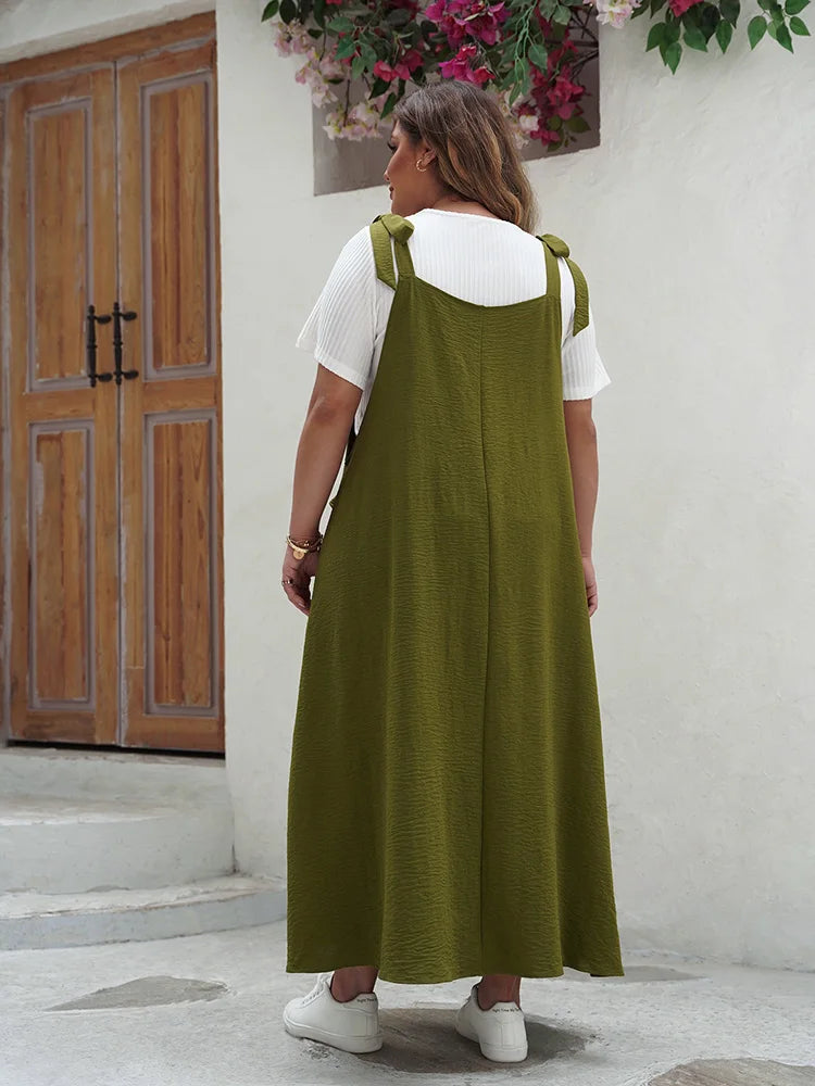 GIBSIE Plus Size Solid Tie Shoulder Overalls Dress For Women 2026 Summer Casual Loose Sleeveless Maxi Long Dresses with Pockets