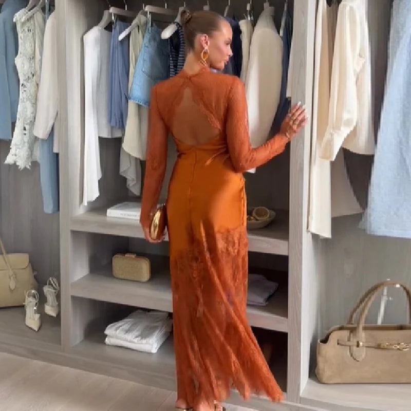 Fashion Women Maxi Dress Sexy Stand Collar Long Sleeve Hollow Out Lace Patchwork Satin Dresses New Wedding Guest Party Long Gown