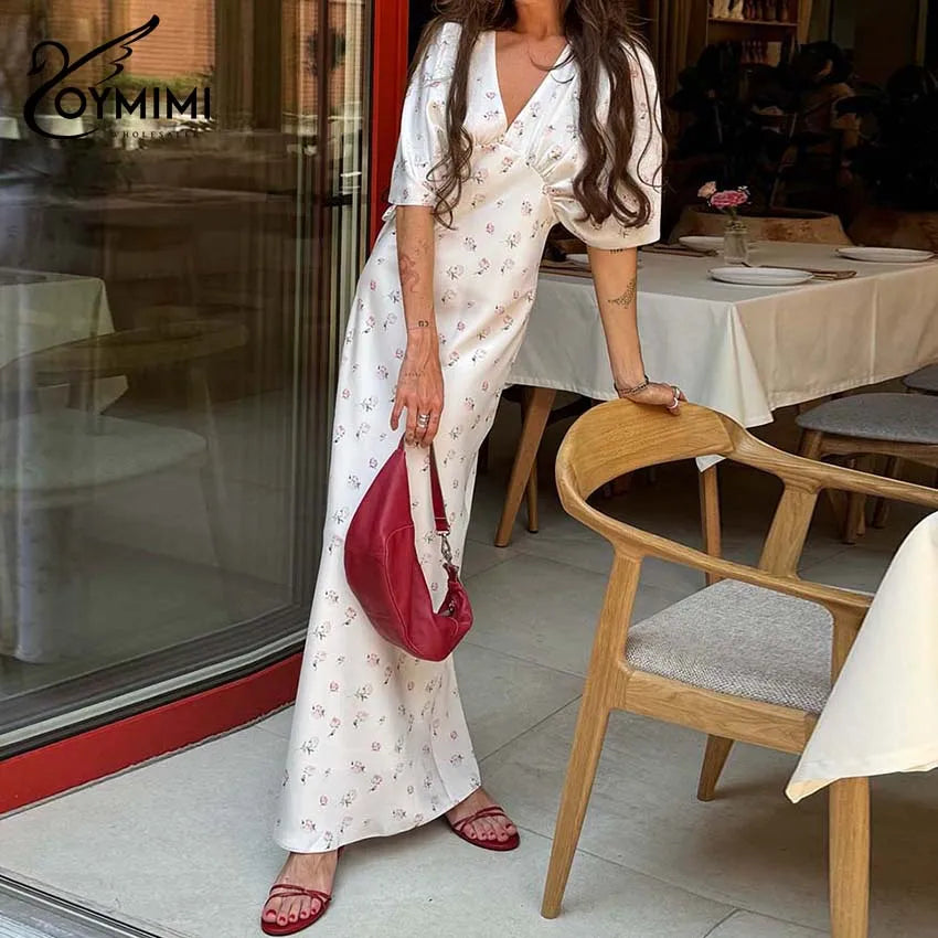 Oymimi Casual White Print Dresses For Woman Fashion V-Neck Batwing Sleeve Dresses Elegant Straight Floor-Length Dress Streetwear