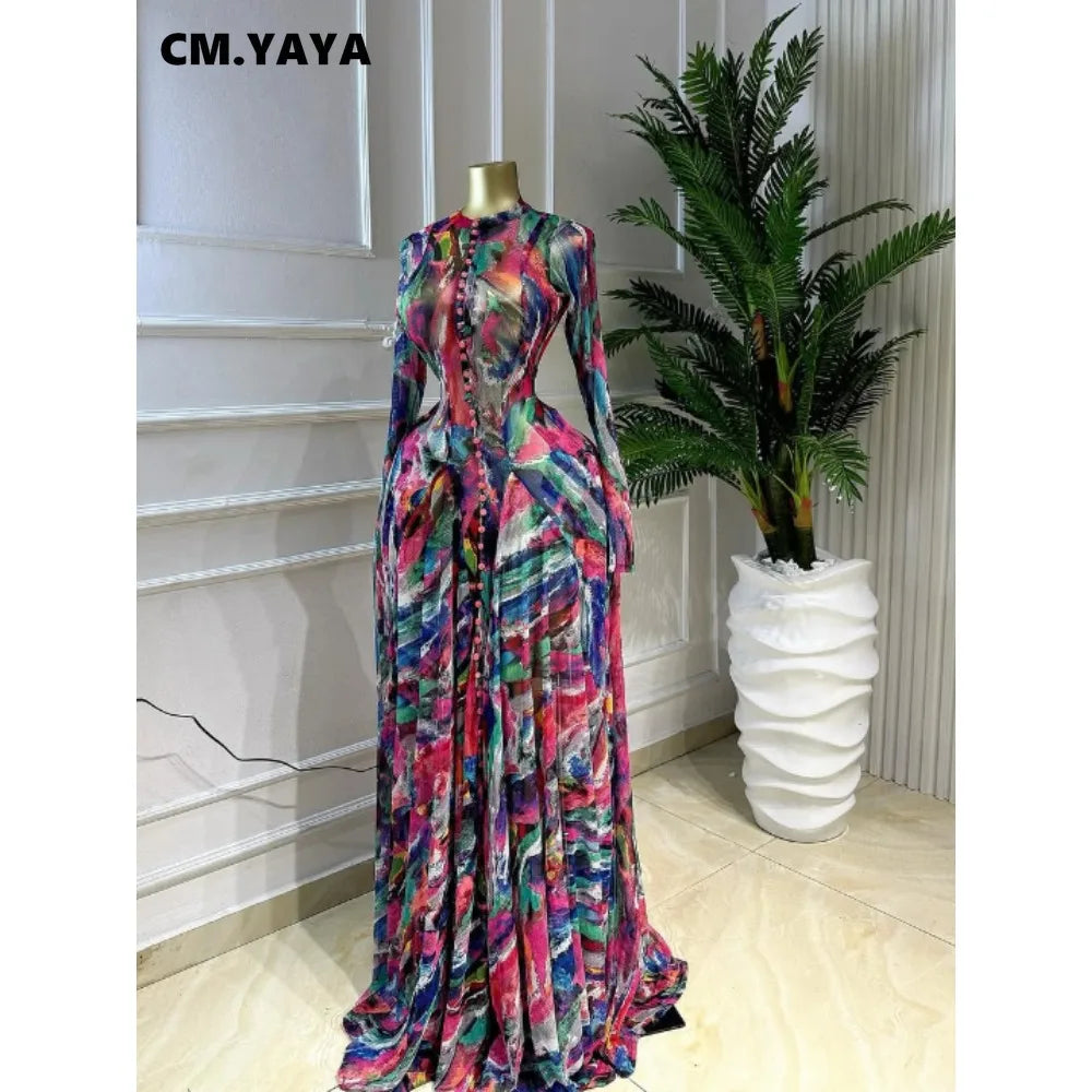 CM.YAYA Women O-neck Full Sleeve Big Swing Tie Dye Print Long Dress 2026 Sexy Beach Party Evening Vacation Maxi Dresses Vestidos