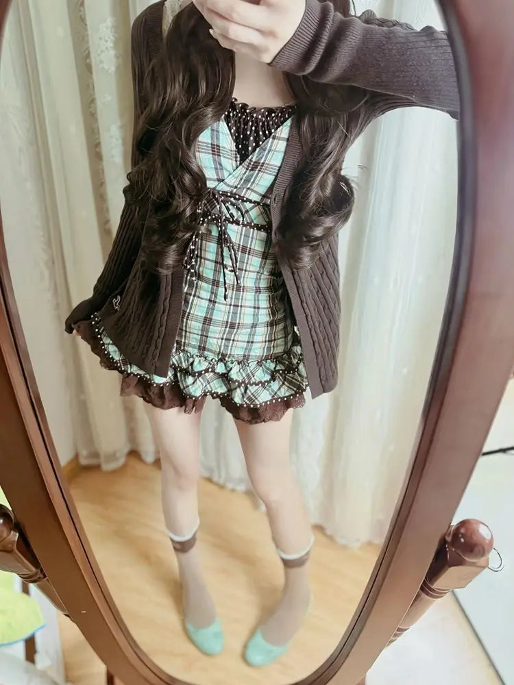 Vintage Dresses 3Piece Set Y2k 2000s Woman Clothes Hot Sweet Harajuku Coat+Plaid Top+Mini Skirt Kawaii Japanese Sexy Summer Chic