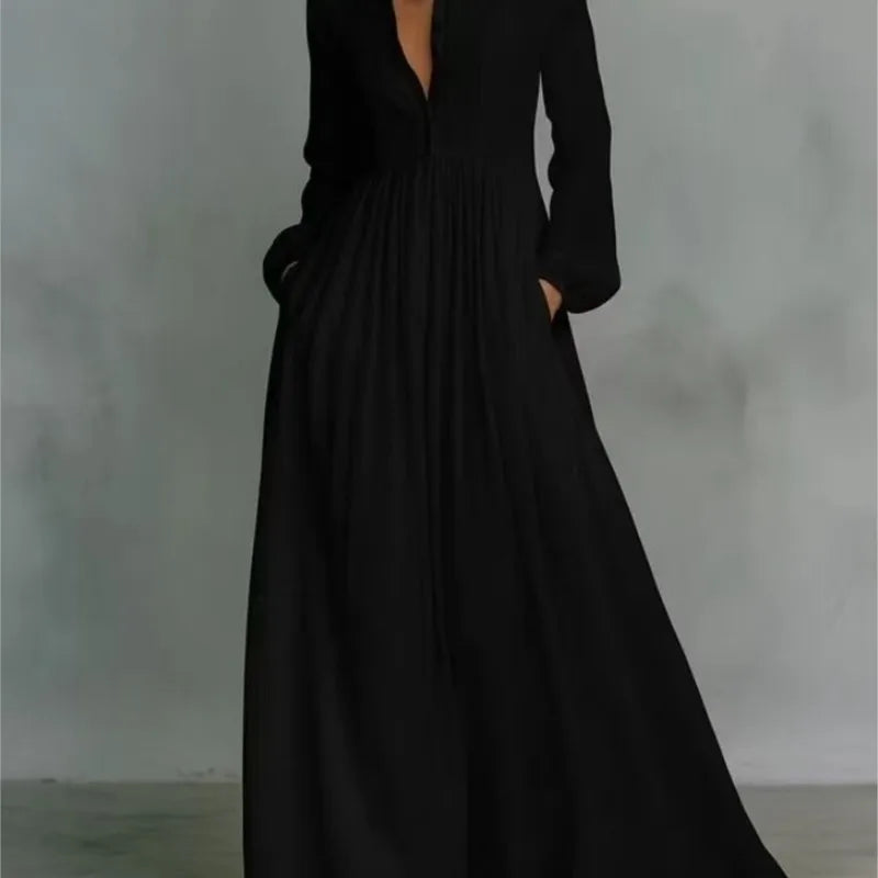 Women's Elegant Single Breasted Long Dress 2026 French High Waist Solid Pockets Pleated Maxi Evening Dress