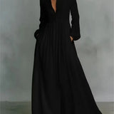 Women's Elegant Single Breasted Long Dress 2026 French High Waist Solid Pockets Pleated Maxi Evening Dress