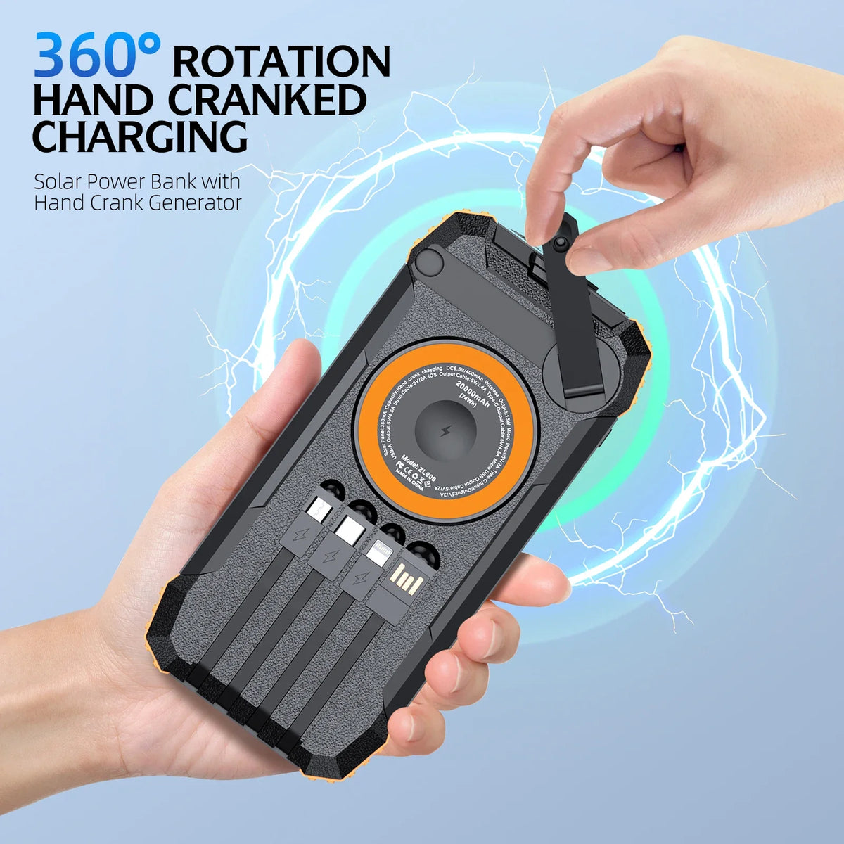 100000mAh Solar Power Bank Fast Wireless Charger Built-in Cable Hand Crank Portable External Battery Poverbank for iPhone