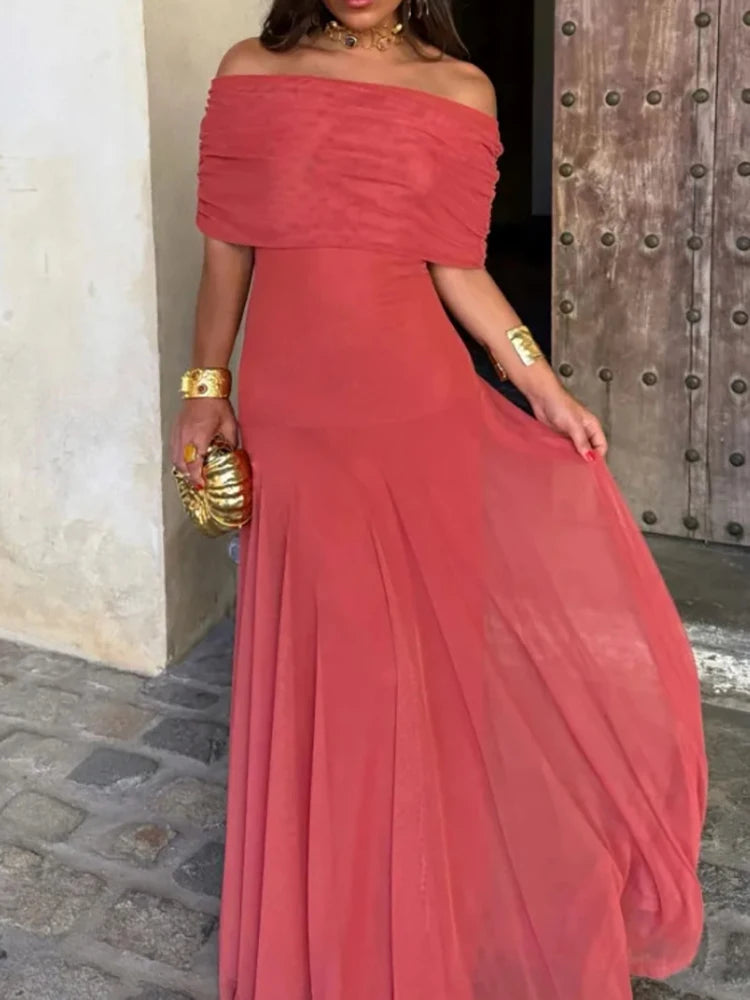 Women Diagonal Collar Summer Solid Long Dress Female Sleeveless Backless Pleated Party Dress 2023 Casual Streetwear Maxi Dresses