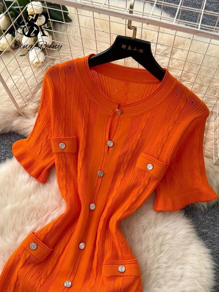 SINGREINY Summer Striped Knitted Long Dress Fashion Office Lady Split Beach Sundress High Quality Luxury Wedding Guest Dress