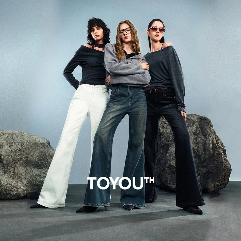 TOYOUTH Women Denim Jeans 2025 Autumn New Retro Lycra Micro Flare Pant