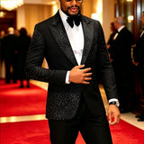 Men Sparkling Rhinestone Tuxedo Suit 3‑Pcs Set Blazer+Pants+Bow Tie Slim Fit Black Crystals Beading Wedding Groom Prom Party Stage Performance Formal Costume Homme