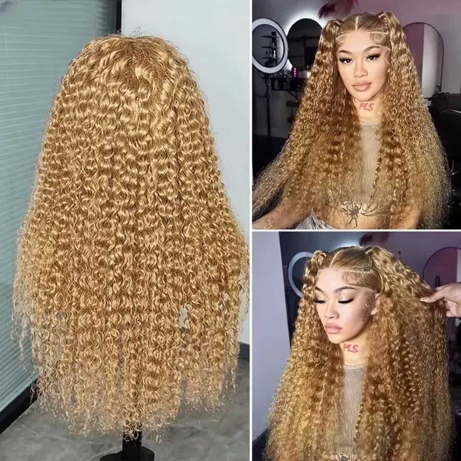 Highlight Deep Wave Lace Front Wigs Honey Blonde HD 13x6 Transparent Frontal Wigs 220 Density #27 Curly Wig Human Hair 26-32Inch