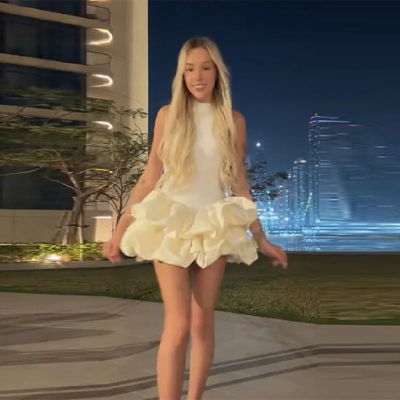 Elegant White 3d Ruffles Mini Dress Women Chic Sleeveless Slim Fit Puff Hem O-neck Vestido Summer Lady Dinner Party Club Outfits