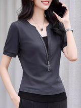 New Women Patchwork Contrast Color T-shirt Fashion Zipper V-Neck Short Sleeve Slim Tees Simplicity Casual Summer T-shirt