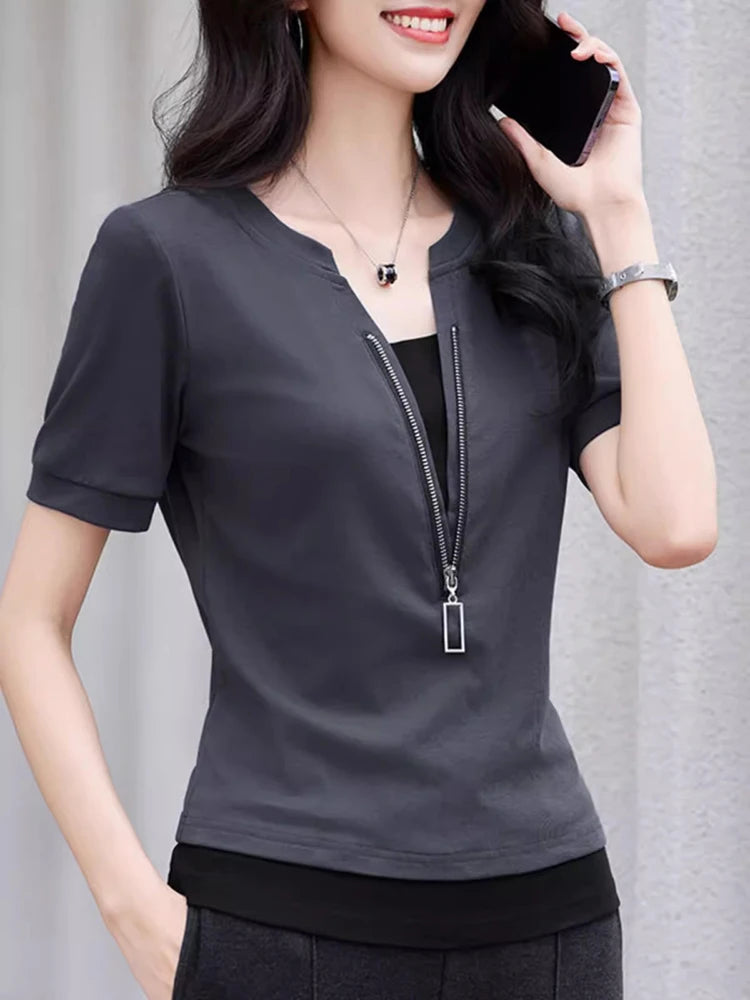 New Women Patchwork Contrast Color T-shirt Fashion Zipper V-Neck Short Sleeve Slim Tees Simplicity Casual Summer T-shirt