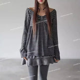 Korean Retro Bow Pleated Casual Long-sleeved T-shirt Women 2026 Spring New High Street Contrast Color Striped Tops