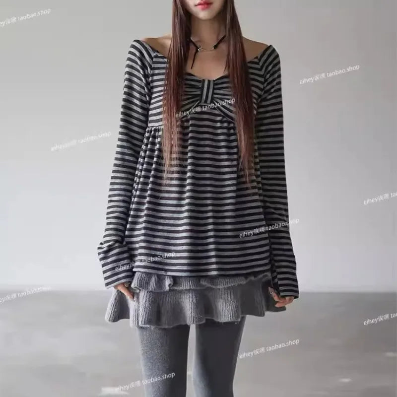 Korean Retro Bow Pleated Casual Long-sleeved T-shirt Women 2026 Spring New High Street Contrast Color Striped Tops