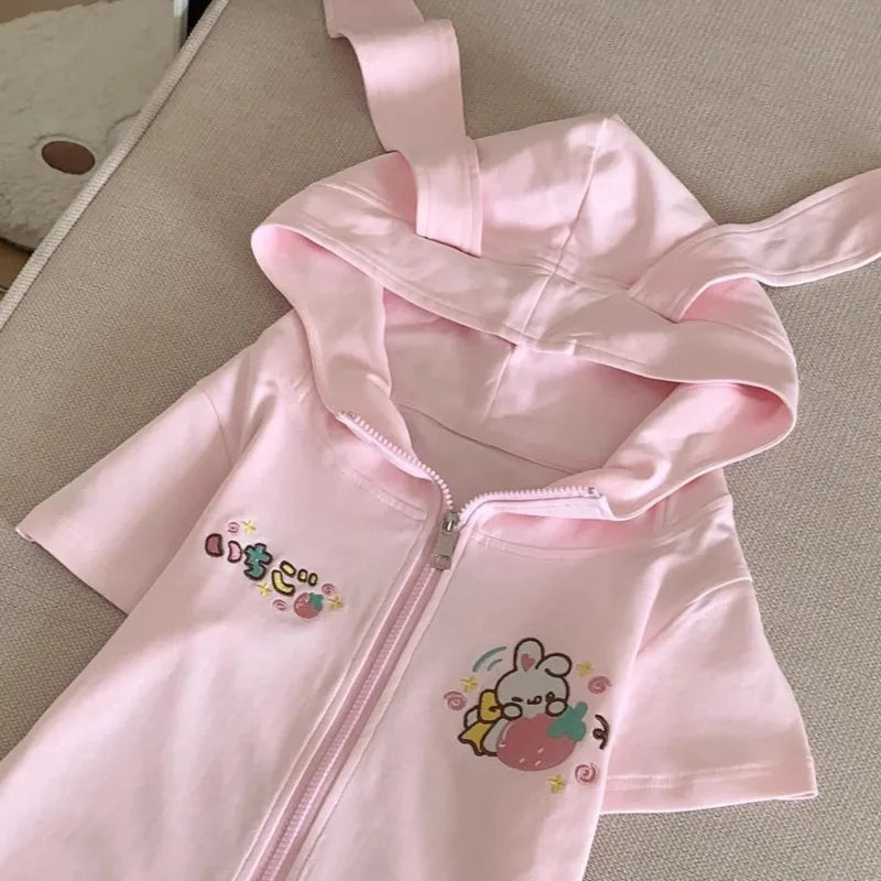 Bunny Embroidered Tops&Tees Hoodies Women Summer Y2K Japanese Soft Girl Cute Ears Hoodies Subcultural Short Sleeve T-shirt New