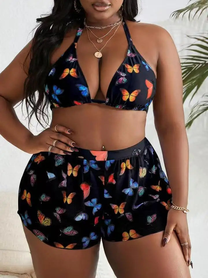 2026 Butterfly Print Plus Size Tankini Set Women Large Mesh Shorts SwimWear Ladies Beach Curvy Halter Backless 3 Piece Swimsuit